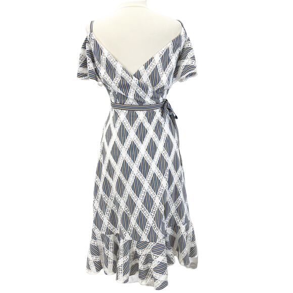 Sandro Womens US 4 Illa Midi Dress Striped Lace Cold‎ Ruffle Shoulder Blue White - Picture 1 of 14